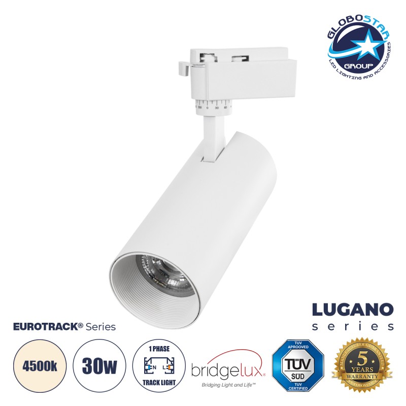 GLOBOSTAR® LUGANO 60813 Μονοφασικό Φωτιστικό Σποτ Ράγας LED 30W 3750lm 36° AC 220-240V IP20 Φυσικό Λευκό 4500K - Bridgelux COB Chip & TÜV SÜD Driver - Eurotrack 1PH - Λευκό Ματ - Μ7.5 x Π7.5 x Υ22cm - 5 Χρόνια Εγγύηση