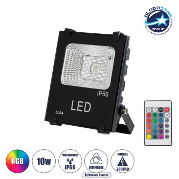 GLOBOSTAR® RGBFLOOD 75600 Προβολέας με IR Ασύρματο Χειριστήριο LED 10W 650lm 120° AC 220-240V Αδιάβροχο IP66 Πολύχρωμο RGB Dimmable - COB Chip - Μαύρο Ματ - Μ11 x Π4 x Υ13.5cm - 2 Χρόνια Εγγύηση