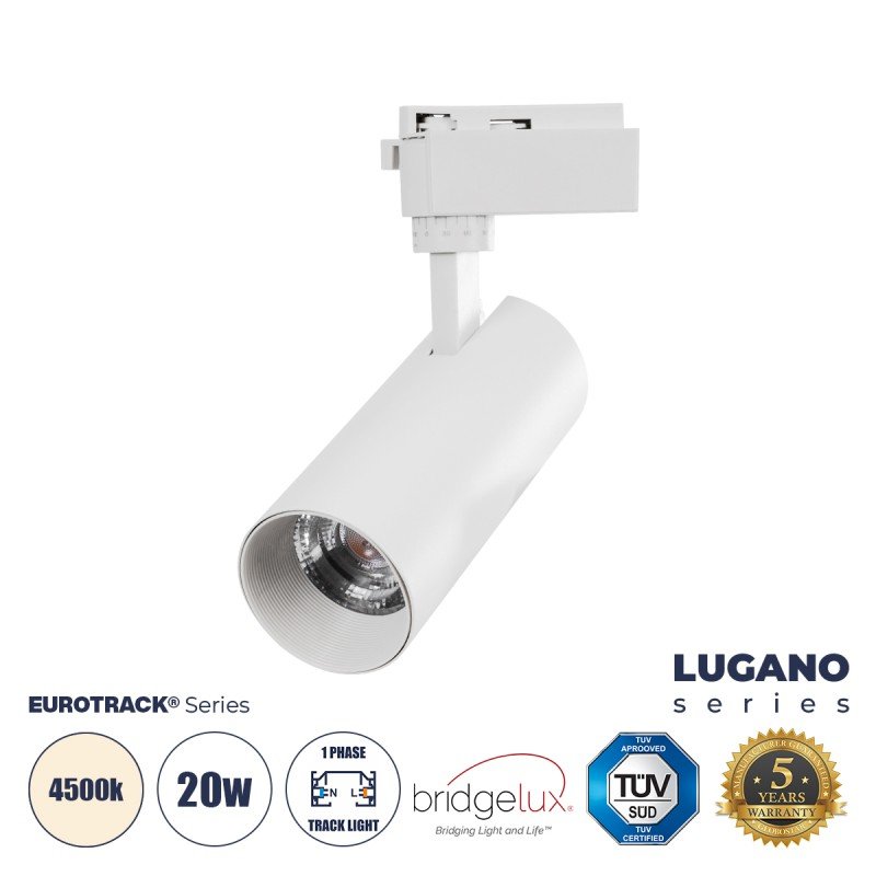 GLOBOSTAR® LUGANO 60807 Μονοφασικό Σποτ Ράγας LED 20W 2500lm 36° AC 220-240V IP20 Φυσικό Λευκό 4500K - Bridgelux COB Chip & TÜV SÜD Driver - Eurotrack 1PH  - Λευκό Ματ - Μ6.5 x Π6.5 x Υ20cm - 5 Χρόνια Εγγύηση