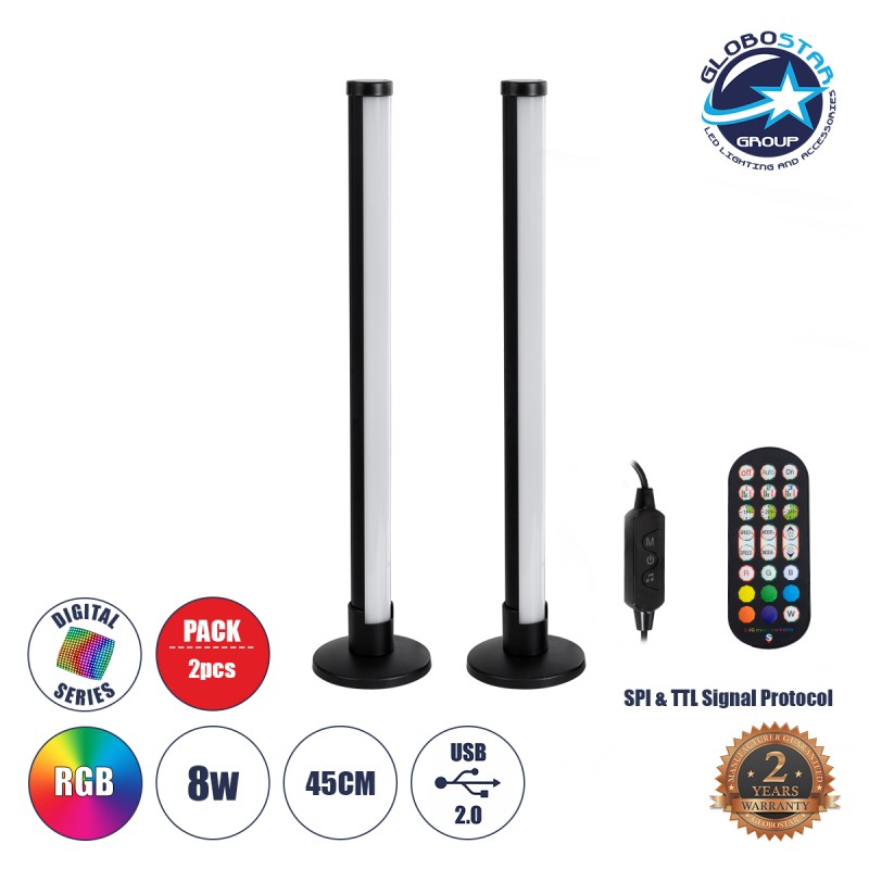 GLOBOSTAR® DIGICOLUMN 90760 Μοντέρνο Επιτραπέζιο Φωτιστικό LED 16W 1280lm 180° DC 5V IP20 RGB Dimmable - Lumileds SMD Chip - Μαύρο - Μ3 x Π3 x Υ45cm - Σετ 2 Τεμαχίων - 2 Χρόνια Εγγύηση