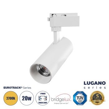 GLOBOSTAR® LUGANO 60808 Μονοφασικό Σποτ Ράγας LED 20W 2400lm 36° AC 220-240V IP20 Θερμό Λευκό 2700K - Bridgelux COB Chip & TÜV SÜD Driver - Eurotrack 1PH - Λευκό Ματ - Μ6.5 x Π6.5 x Υ20cm - 5 Χρόνια Εγγύηση