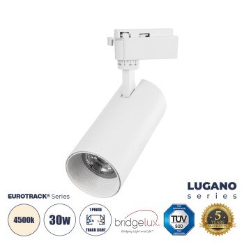 GLOBOSTAR® LUGANO 60813 Μονοφασικό Φωτιστικό Σποτ Ράγας LED 30W 3750lm 36° AC 220-240V IP20 Φυσικό Λευκό 4500K - Bridgelux COB Chip & TÜV SÜD Driver - Eurotrack 1PH - Λευκό Ματ - Μ7.5 x Π7.5 x Υ22cm - 5 Χρόνια Εγγύηση