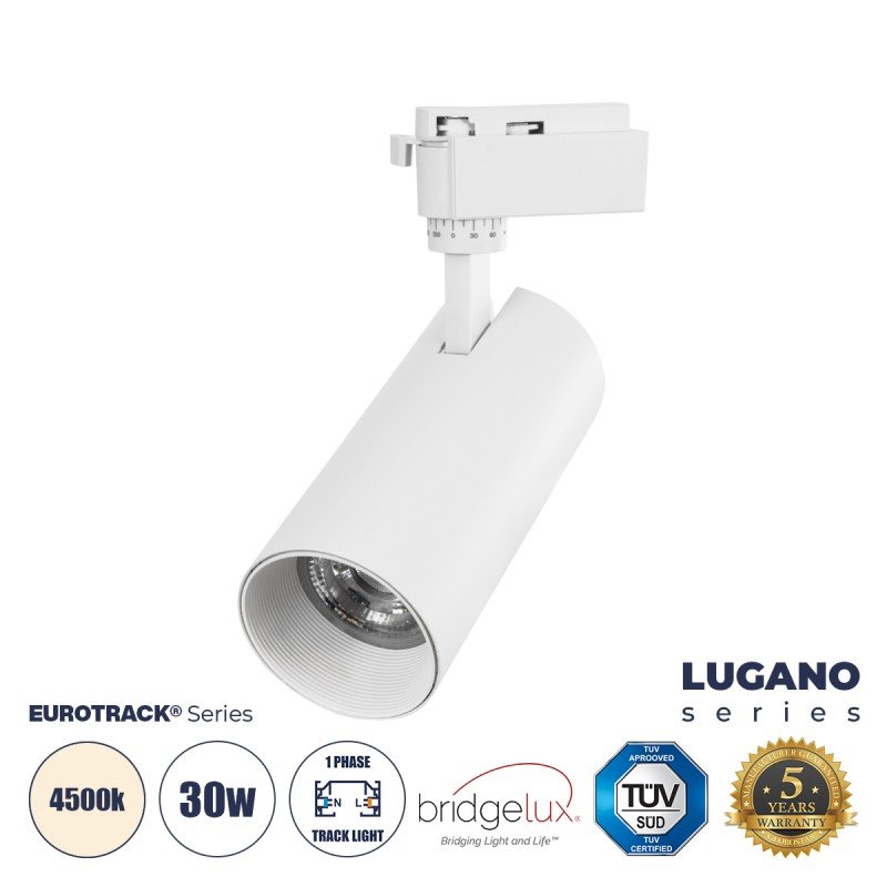 GLOBOSTAR® LUGANO 60813 Μονοφασικό Φωτιστικό Σποτ Ράγας LED 30W 3750lm 36° AC 220-240V IP20 Φυσικό Λευκό 4500K - Bridgelux COB Chip & TÜV SÜD Driver - Eurotrack 1PH - Λευκό Ματ - Μ7.5 x Π7.5 x Υ22cm - 5 Χρόνια Εγγύηση