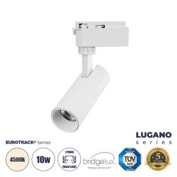 GloboStar® LUGANO 60801 Μονοφασικό Φωτιστικό Σποτ Ράγας LED 10W 1250lm 36° Acrylic HQ LENS AC 220-240V IP20 Φ4.5 x Υ18cm Φυσικό Λευκό 4500K - EUROTRACK® System 1L+1N - Λευκό - Bridgelux Chip - TÜV Certified Driver - 5 Χρόνια Εγγύηση