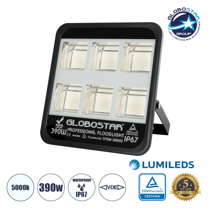 GLOBOSTAR® TITAN 61435 Προβολέας για Γήπεδα Tennis & Ποδοσφαίρου 5x5 LED 390W 48750lm 60°x90° AC 220-240V Αδιάβροχο IP67 Φυσικό Λευκό 5000K - Lumileds SMD Chip - TÜV Rheinland Certified - Μαύρο Ματ - Μ32 x Π8 x Υ35cm - 5 Χρόνια Εγγύηση