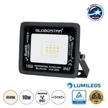 GLOBOSTAR® ATLAS 61516 Προβολέας LED 10W 1200lm 120° AC 220-240V Αδιάβροχο IP67 Φυσικό Λευκό 4500K - Lumileds SMD Chip - TÜV Rheinland Certified - Μαύρο Ματ - Μ10 x Π2 x Υ8cm - 5 Χρόνια Εγγύηση