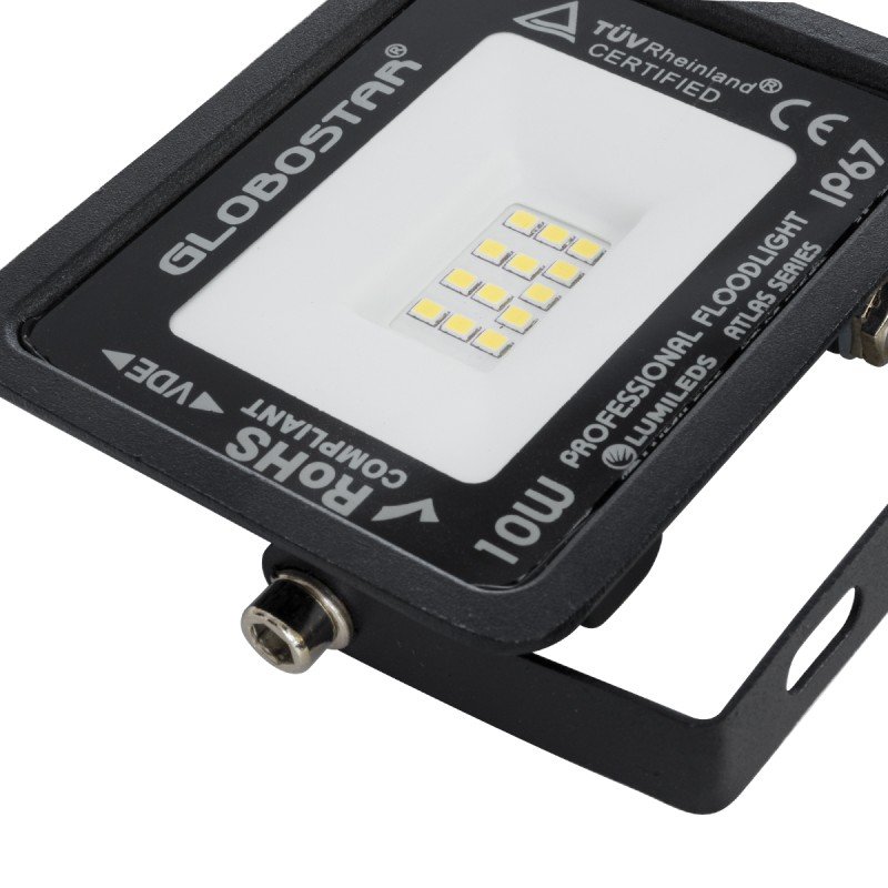 GLOBOSTAR® ATLAS 61516 Προβολέας LED 10W 1200lm 120° AC 220-240V Αδιάβροχο IP67 Φυσικό Λευκό 4500K - Lumileds SMD Chip - TÜV Rheinland Certified - Μαύρο Ματ - Μ10 x Π2 x Υ8cm - 5 Χρόνια Εγγύηση