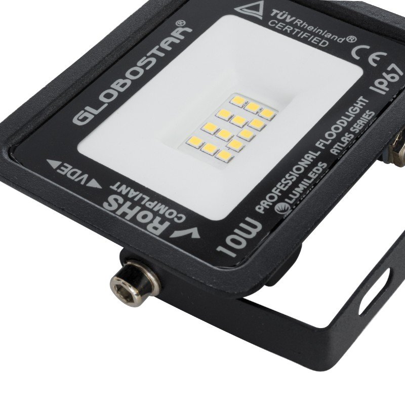 GLOBOSTAR® ATLAS 61517 Προβολέας LED 10W 1150lm 120° AC 220-240V Αδιάβροχο IP67 Θερμό Λευκό 2700K - Lumileds SMD Chip - TÜV Rheinland Certified - Μαύρο Ματ - Μ10 x Π2 x Υ8cm - 5 Χρόνια Εγγύηση