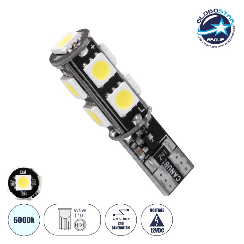 GloboStar® T10 W5W 81096 Λάμπα Αυτοκίνητου LED  2rd Generation Can-Bus Series 9xSMD5050 1.80W 180lm 360° DC 12V IP20 Φ1 x Υ3.9cm Ψυχρό Λευκό 6000K
