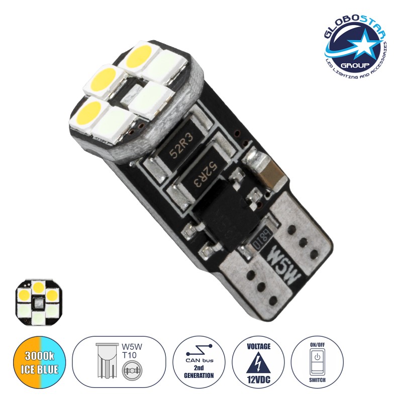 GloboStar® T10 W5W 81466 Λάμπα Αυτοκινήτου LED 3 Stage Color Change by Switch On/Off  2rd Generation Can-Bus Series 10xSMD3535 1.32W 125lm 360° DC 12V IP20 Μ1 x Π1 x Υ2.5cm Θερμό Λευκό 3000K & Ice Blue
