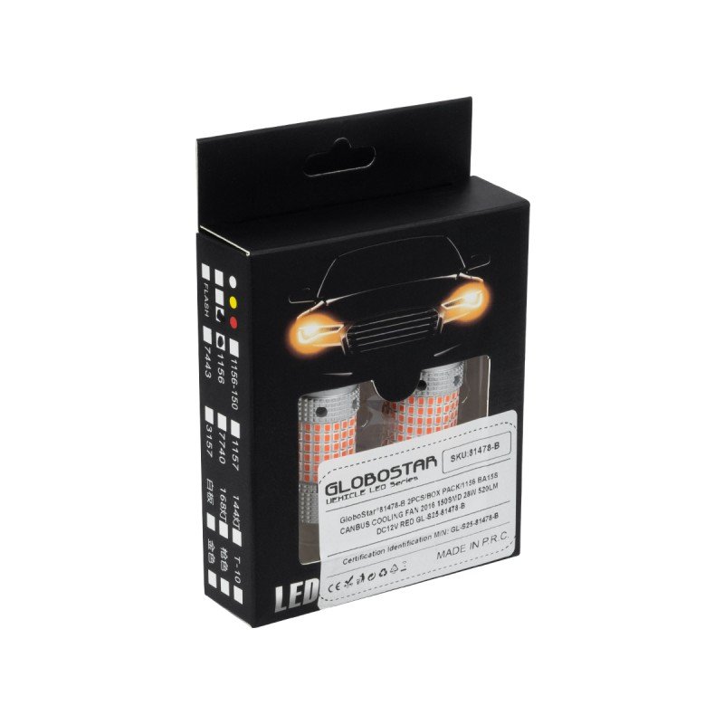 GloboStar® 1156 - BA15S - P21W 81478-B Λάμπες Αυτοκινήτου LED  3rd Generation Can-Bus Extreme Series 150xSMD2016 28W/56W 520lm/1040lm 360° DC 12V IP20 Φ2.1 x Υ5.5cm Κόκκινο - Σετ 2 Τεμαχίων σε Box