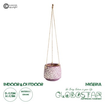 GloboStar® Artificial Garden NIGERIA 20529 Κρεμαστό Διακοσμητικό Κεραμικό Κασπώ Γλάστρα - Flower Pot Μωβ με Λευκό Φ12 x Υ11cm