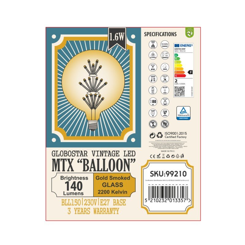 GLOBOSTAR® BALLOON 99210 Λάμπα E27 BLL150 LED 1.6W 140lm 360° AC 220-240V IP20 Ultra Θερμό Λευκό 2200K - Diode HP Filament Chip - Μελί - Μ15 x Π15 x Υ19.5cm - 3 Χρόνια Εγγύηση