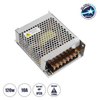 GLOBOSTAR® LUMIVOLT 73034 Τροφοδοτικό/Μετασχηματιστής PELV 120W 10A DC 12V IP20 - AC 220-240V σε DC 12V / Ρυθμιζόμενo από DC 10.8V έως DC 13.2V - Μ13 x Π10 x Υ4cm - 3 Χρόνια Εγγύηση