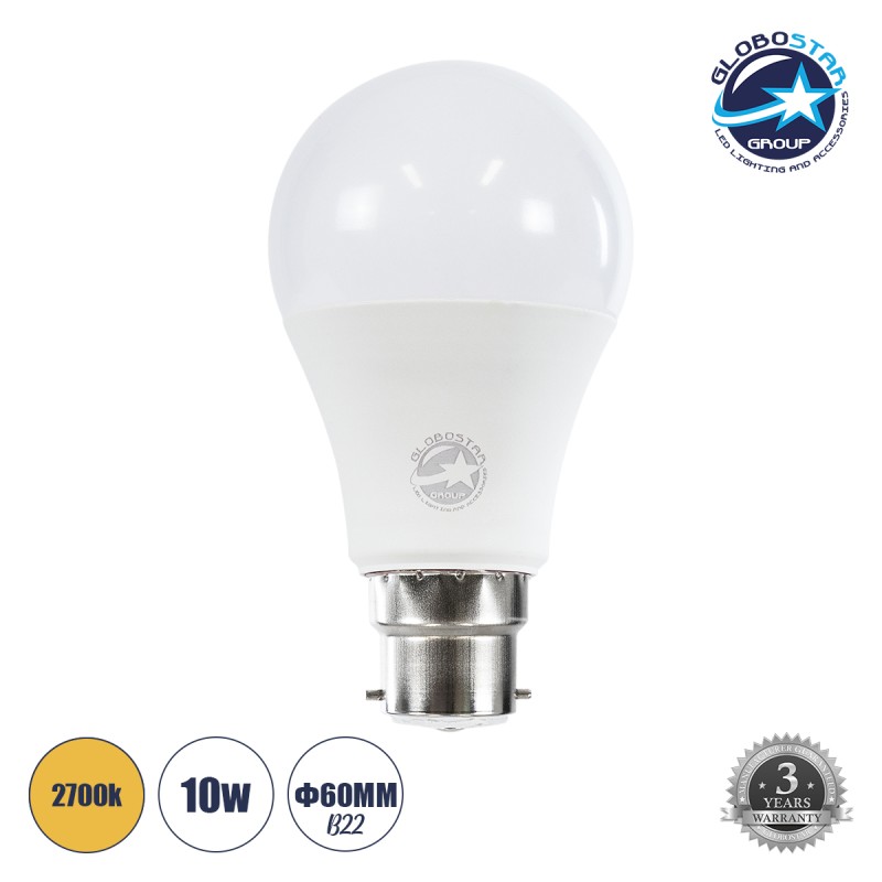 GLOBOSTAR® GLOBE 60053 Λάμπα B22 A60 LED 10W 940lm 360° AC 220-240V IP20 Θερμό Λευκό 2700K - Lumileds SMD Chip - Λευκό Γαλακτερό - Μ6 x Π6 x Υ11cm - 3 Χρόνια Εγγύηση