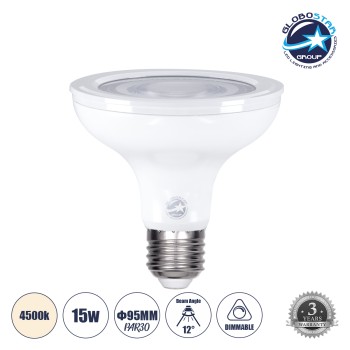 GLOBOSTAR® BEAMPAR 60094 Σποτ E27 PAR30 LED 15W 1455lm 12° AC 220-240V IP20 Φυσικό Λευκό 4500K Dimmable - Μ9.5 x Π9.5 x Υ9.5cm - 3 Χρόνια Εγγύηση