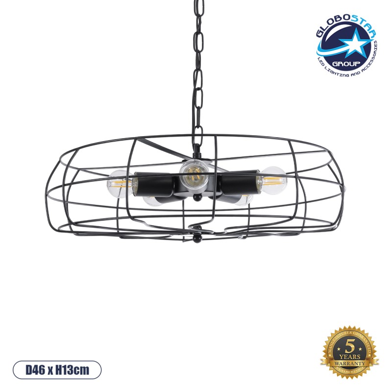 GLOBOSTAR® HELIX 01164 Vintage Κρεμαστό Φωτιστικό Οροφής με Ντουί 5 x E27 AC 220-240V IP20 - Μαύρο - Μ46 x Π46 x Υ13cm