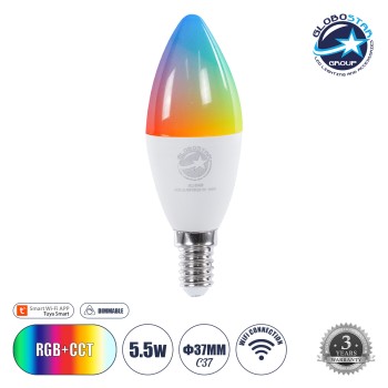 GLOBOSTAR® SMARTME 60488 Λάμπα Κεράκι E14 C37 Smart Home WiFi με Λειτουργία μέσω Tuya APP LED 5.5W 550lm 260° AC 220-240V IP20 Πολύχρωμο RGBW+WW Dimmable - Bridgelux Chip - Μ3.7 x Π3.7 x Υ11cm - 3 Χρόνια Εγγύηση