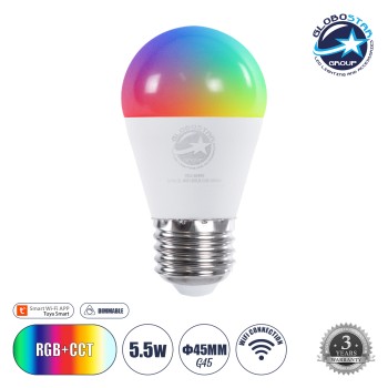 GLOBOSTAR® SMARTME 60489 Λάμπα E27 G45 Smart Home WiFi με Λειτουργία μέσω Tuya APP LED 5.5W 550lm 260° AC 220-240V IP20 Πολύχρωμο RGBW+WW Dimmable - Bridgelux Chip - Μ4.5 x Π4.5 x Υ8.8cm - 3 Χρόνια Εγγύηση