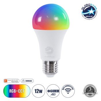 GLOBOSTAR® SMARTME 60490 Λάμπα E27 A60 Smart Home WiFi με Λειτουργία μέσω Tuya APP LED 12W 1200lm 260° AC 220-240V IP20 Πολύχρωμο RGBW+WW Dimmable - Bridgelux Chip - Μ6 x Π6 x Υ12cm - 3 Χρόνια Εγγύηση