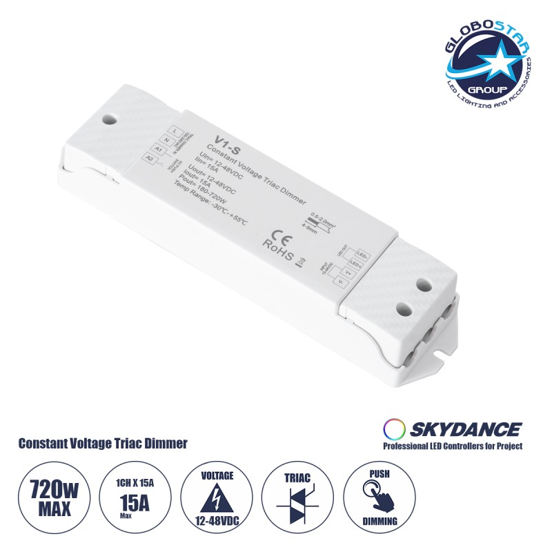 GLOBOSTAR® SKYDANCE-V1-S 73127 DC Triac & Push Dimmer CV Τροφοδοτικό/Μετασχηματιστής SELV με 1 x 15A 720W Κανάλι AC 220-240V σε DC 12-48V 15A 720W Max IP20 - Triac & Push Dimming - Μ17.5 x Π4.5 x Υ2.5cm - 5 Χρόνια Εγγύηση