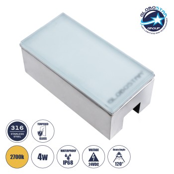 GLOBOSTAR® CYBOLITHOS 60949 Χωνευτό Αρχιτεκτονικο Φωτιστικό Σποτ Δαπέδου LED 4W 440lm 120° DC 24V Αδιάβροχο IP68 IK06 Θερμό Λευκό 2700K Dimmable - Bridgelux SMD Chip - Γαλακτερό Tempered Glass & Ανοξείδωτο Ατσάλι SS316 - Μ20 x Π10x Υ8cm / Q20 x 10cm -