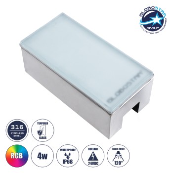 GLOBOSTAR® CYBOLITHOS 60953 Χωνευτό Αρχιτεκτονικο Φωτιστικό Σποτ Δαπέδου LED 4W 340lm 120° DC 24V Αδιάβροχο IP68 IK06 Πολύχρωμο RGB Dimmable - Bridgelux SMD Chip - Γαλακτερό Tempered Glass & Ανοξείδωτο Ατσάλι SS316 - Μ20 x Π10x Υ8cm / Q20 x 10cm - 3 Χ