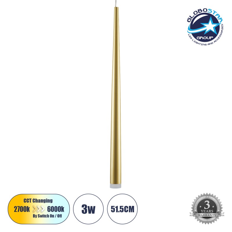 GLOBOSTAR® TEARS 61310 Μοντέρνο Κρεμαστό Φωτιστικό Οροφής LED 3W 330lm 180° AC 220-240V IP20 Ρυθμιζόμενο Λευκό CCT με On/Off 2700K/4500K/6000K - Lumileds SMD Chip - Χρυσό Βούρτσας - Μ3.2 x Π3.2 x Υ51.5cm - 3 Χρόνια Εγγύηση GLOBOSTAR® TEARS 61310 Μοντέρνο Κρεμαστό Φωτιστικό Οροφής LED 3W 330lm 180° AC 220-240V IP20 Ρυθμιζόμενο Λευκό CCT με On/Off 2700K/4500K/6000K - Lumileds SMD Chip - Χρυσό Βούρτσας - Μ3.2 x Π3.2 x Υ51.5cm - 3 Χρόνια Εγγύηση