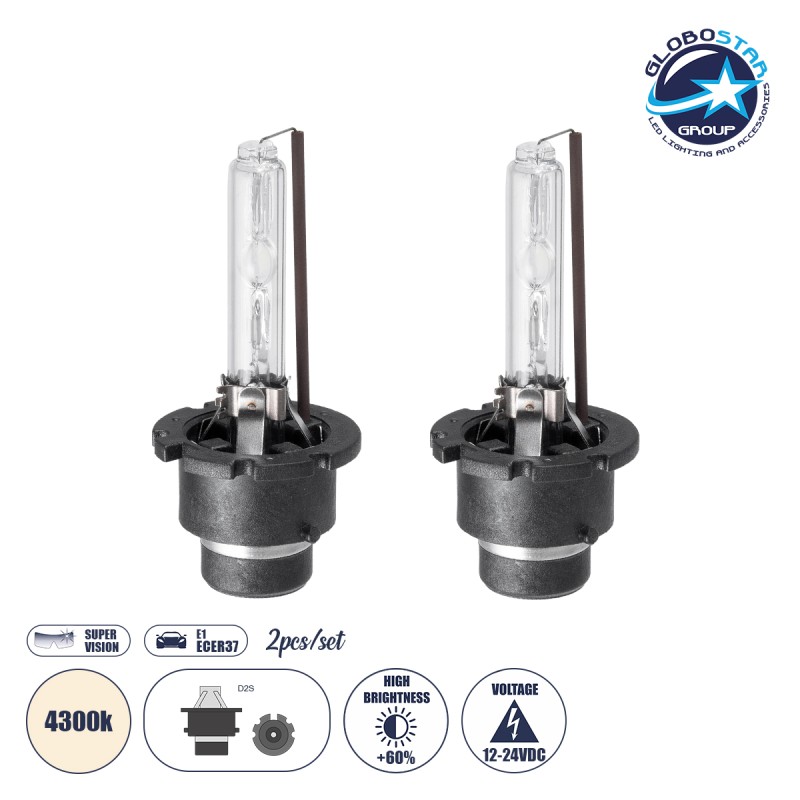 GLOBOSTAR® HID 84024 Λάμπα Xenon D2S/D2C Super Vision Υψηλής Φωτεινότητας +60% CANbus E1 ECER37 55W/110W 5000lm/10000lm 360° DC 12-24V Αδιάβροχο IP65 Φυσικό Λευκό 4300K - Μ3.2 x Π3.2 x Υ7.5cm - Πακέτο 2 Τεμαχίων - 2 Χρόνια Εγγύηση