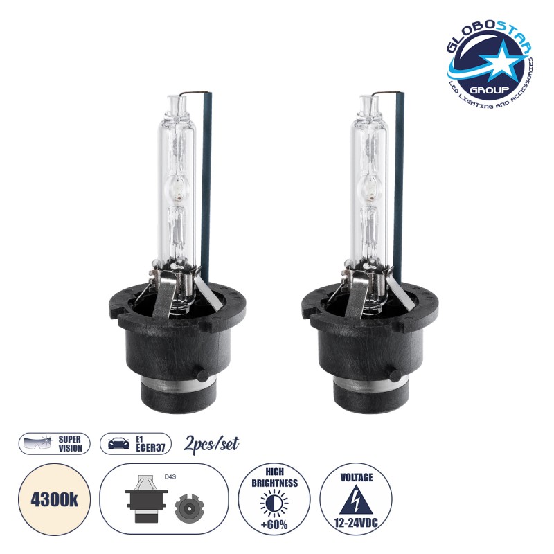 GloboStar® D4S/D4R 84028 Λάμπες Αυτοκινήτου HID Xenon Super Vision High Brightness +60% E1 ECER37 360° DC 12-24V IP20 Φ3.5 x  Υ7.5cm 4300K- Σετ 2 Τεμαχίων