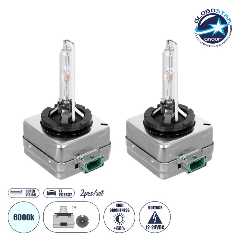GLOBOSTAR® HID 84034 Λάμπα Xenon D3S Super Vision Υψηλής Φωτεινότητας +60% CANbus E1 ECER37 55W/110W 5000lm/10000lm 360° DC 12-24V Αδιάβροχο IP65 Ψυχρό Λευκό 6000K - Μ4 x Π5 x Υ8cm - Πακέτο 2 Τεμαχίων - 2 Χρόνια Εγγύηση