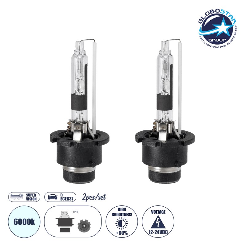 GloboStar® D4S/D2R 84036 Λάμπες Αυτοκινήτου HID Xenon Super Vision High Brightness +60% E1 ECER37 360° DC 12-24V IP20  Μ4 x  Π5 x Υ8cm 6000K- Σετ 2 Τεμαχίων