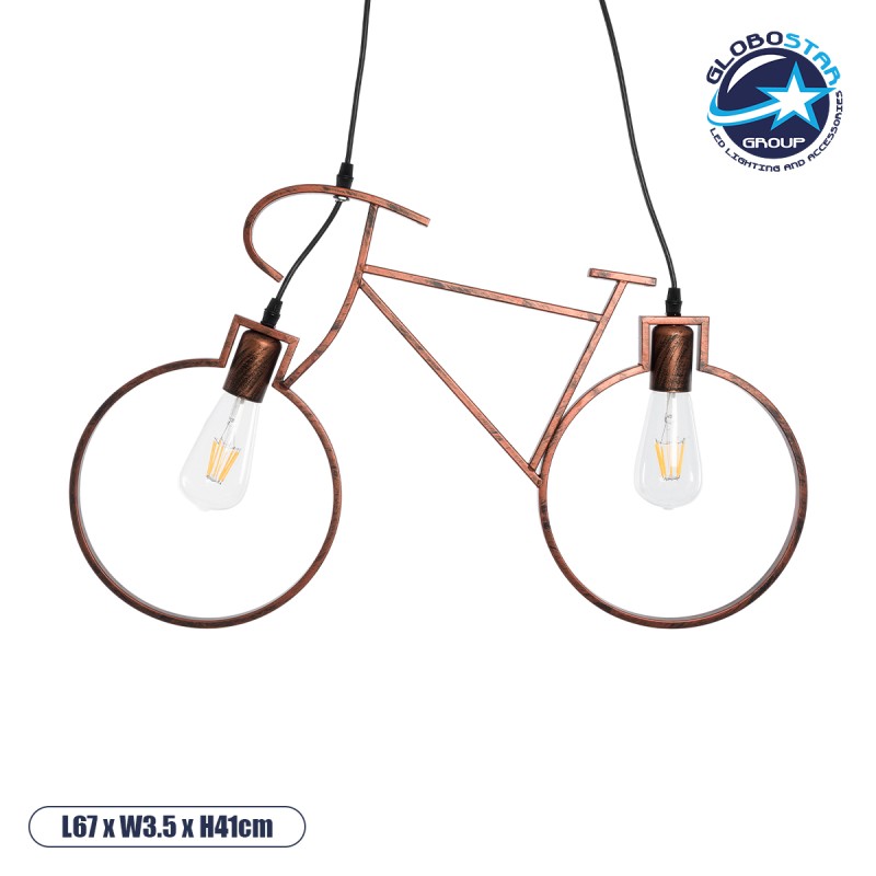 GLOBOSTAR® BIKE 00868 Vintage Κρεμαστό Φωτιστικό Οροφής με Ντουί 2 x E27 AC 220-240V IP20 - Χάλκινο - Μ67 x Π3.5 x Υ41cm