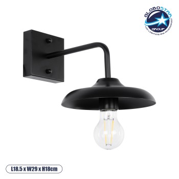 GLOBOSTAR® PHIA 01122 Vintage Φωτιστικό Τοίχου - Απλίκα με Ντουί 1 x E27 AC 220-240V IP20 - Μαύρο - Μ18.5 x Π29 x Υ18cm
