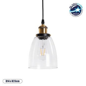 GLOBOSTAR® WICKHAM 01168 Vintage Κρεμαστό Φωτιστικό Οροφής με Ντουί 1 x E27 AC 220-240V IP20 - Χρυσό & Διάφανο - Μ14 x Π14 x Y23cm
