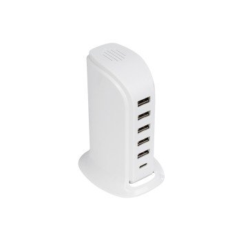 GLOBOSTAR® CHARGER 79704 Πολυφορτιστής DC 5V με 5 x USB 2.0 & 1 x USB-C 30W 6A AC 220-240V IP20 - Λευκό - Μ8 x Π6.5 x Υ11.5cm