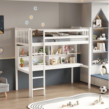 ΠΑΙΔΙΚH KOYKETA τ.MONTESSORI ΜΕ ΓΡΑΦΕΙΟ & ΒΙΒΛΙΟΘΗΚΗ LIBRO HM708.03 ΞΥΛΟ ΠΕΥΚΟΥ ΛΕΥΚΟ- 90x190εκ