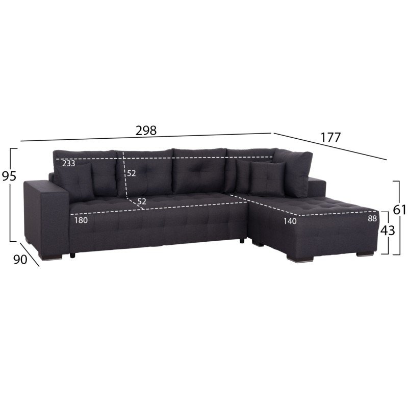 ΓΩΝΙΑΚΟΣ ΚΑΝΑΠΕΣ-ΚΡΕΒΑΤΙ ΜΕ ΑΠΟΘ.ΧΩΡΟ TRENDSTON HM3302.01R ΓΚΡΙ ΥΦΑΣΜΑ 298x177x95Υεκ