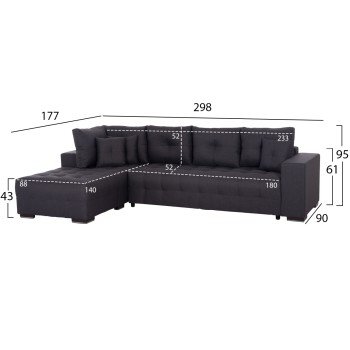 ΓΩΝΙΑΚΟΣ ΚΑΝΑΠΕΣ-ΚΡΕΒΑΤΙ ΜΕ ΑΠΟΘ.ΧΩΡΟ TRENDSTON HM3302.01L ΓΚΡΙ ΥΦΑΣΜΑ 298x177x95Υεκ