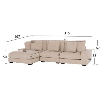 ΚΑΝΑΠΕΣ ΑΡΙΣΤΕΡΗ ΓΩΝΙΑ CRANFIELD HM3287.02L ΜΠΕΖ ΡΙΓΕ ΥΦΑΣΜΑ 315x167(γωνία)x67Υεκ.