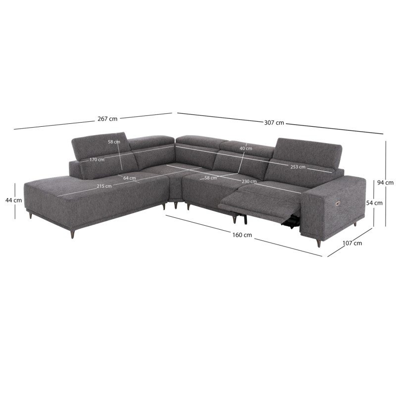 ΚΑΝΑΠΕΣ ΑΡΙΣΤΕΡΗ ΓΩΝΙΑ 5Θ ΜΕ RECLINE LUNARIS HM3316.01L ΓΚΡΙ ΥΦΑΣΜΑ 307x267x94Yεκ