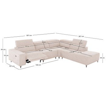 ΚΑΝΑΠΕΣ ΔΕΞΙΑ ΓΩΝΙΑ 5Θ ΜΕ RECLINE LUNARIS HM3316.02R ΕΚΡΟΥ ΥΦΑΣΜΑ 307x267x94Yεκ