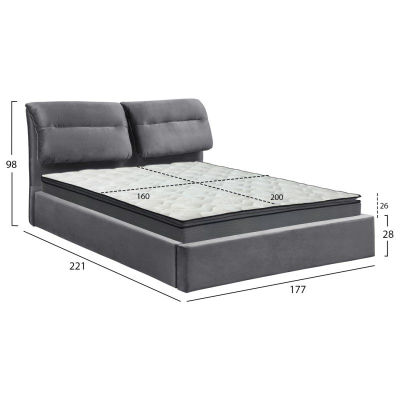 ΚΡΕΒΑΤΙ ΔΙΠΛΟ & ΣΤΡΩΜΑ KENDRA HM10720.01 ΓΚΡΙ ΒΕΛΟΥΔΟ ΜΕ ΑΠΟΘ.ΧΩΡΟ--ΓΙΑ 160x200εκ