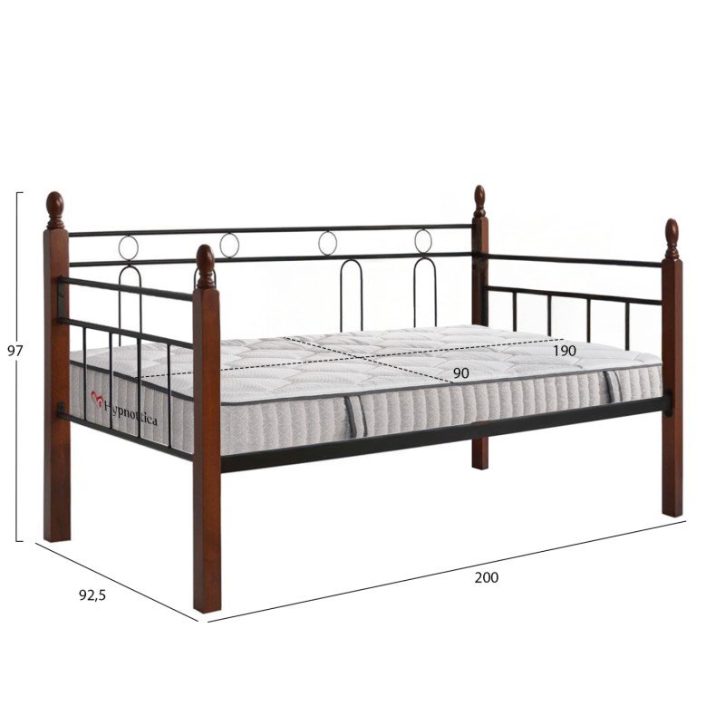 ΚΑΝΑΠΕΣ ΚΡΕΒΑΤΙ ΜΕ ΣΤΡΩΜΑ REVEN HM10755 ΜΕΤΑΛΛΟ & RUBBERWOOD ΣΕ DIRTY OAK--ΣΤΡΩΜΑ 90Χ190εκ