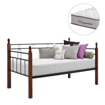 ΚΑΝΑΠΕΣ ΚΡΕΒΑΤΙ ΜΕ ΣΤΡΩΜΑ REVEN HM10755 ΜΕΤΑΛΛΟ & RUBBERWOOD ΣΕ DIRTY OAK--ΣΤΡΩΜΑ 90Χ190εκ