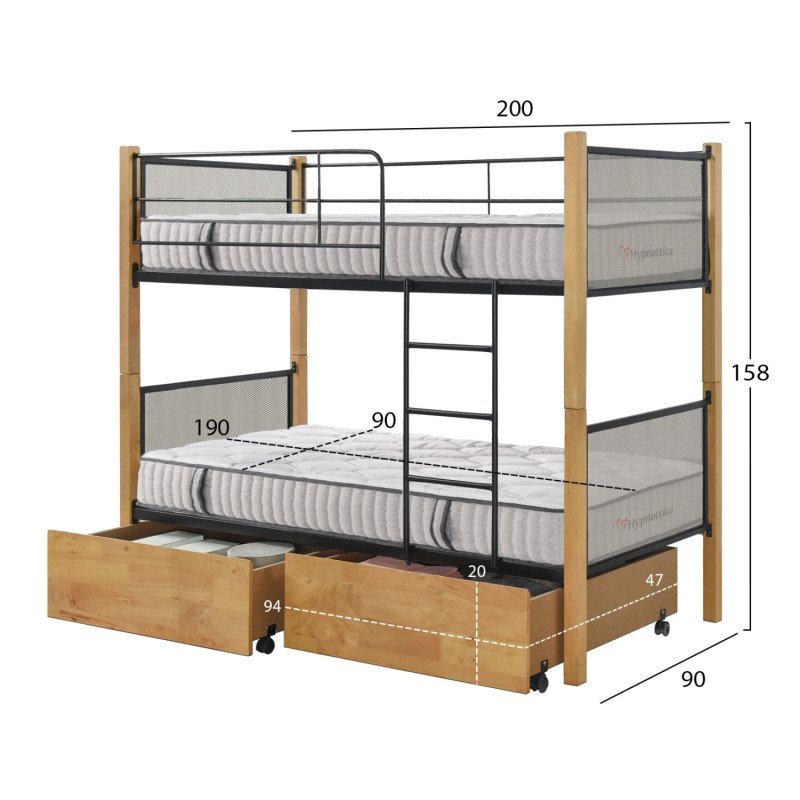 ΚΟΥΚΕΤΑ ΜΕ 2 ΣΥΡΤΑΡΙΑ & 2 ΣΤΡΩΜΑΤΑ 90X190εκ RAYVEN HM10749.06 ΞΥΛΟ ΚΑΙ ΜΕΤΑΛΛΟ