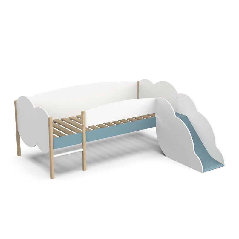 Longane παιδικό κρεβάτι με τσουλήθρα 206x183x85εκ. ( για στρώμα 90x190εκ. ή 90x200εκ. )Λευκό / Μπλε με τάβλες στήριξης στρώματος