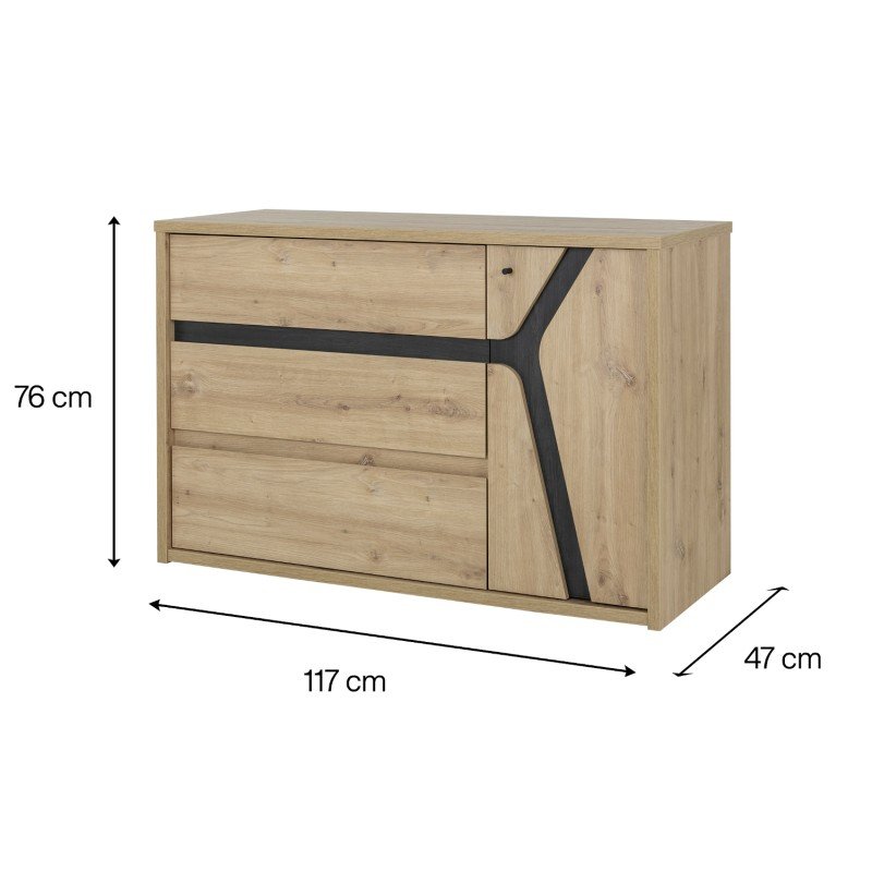 Alana συρταριέρα με 3 συρτάρια και 1 πόρτα 117x47x76εκ. Artisan oak / Black thread