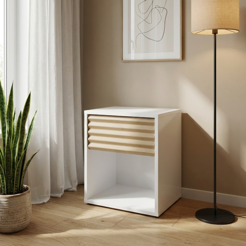 Ellie κομοδίνο  με ένα συρτάρι 40x35x46εκ. Natural Chestnut / Λευκό
