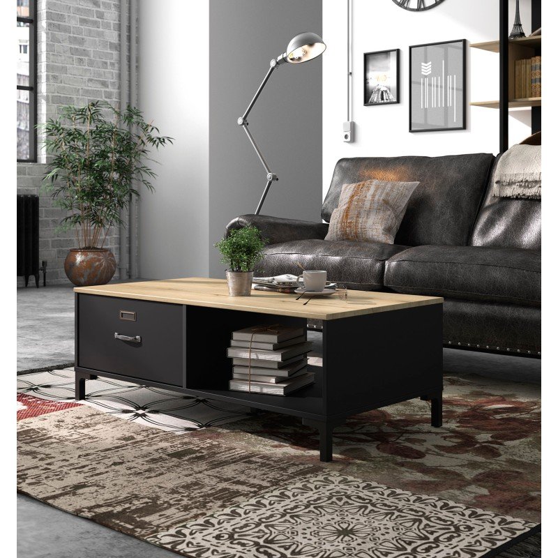 Manchester Tραπεζάκι σαλονιού με ένα συρτάρι 110x60x40εκ. Helvezia Oak / Black